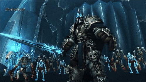 a computer generated image of a knight with skulls and the words illusive soul at the top