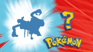 a pokemon logo with a shadow of a pokemon and a question mark
