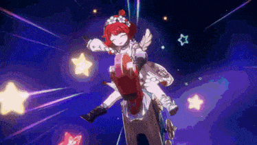 a girl with red hair is riding on the back of a man 's arm .