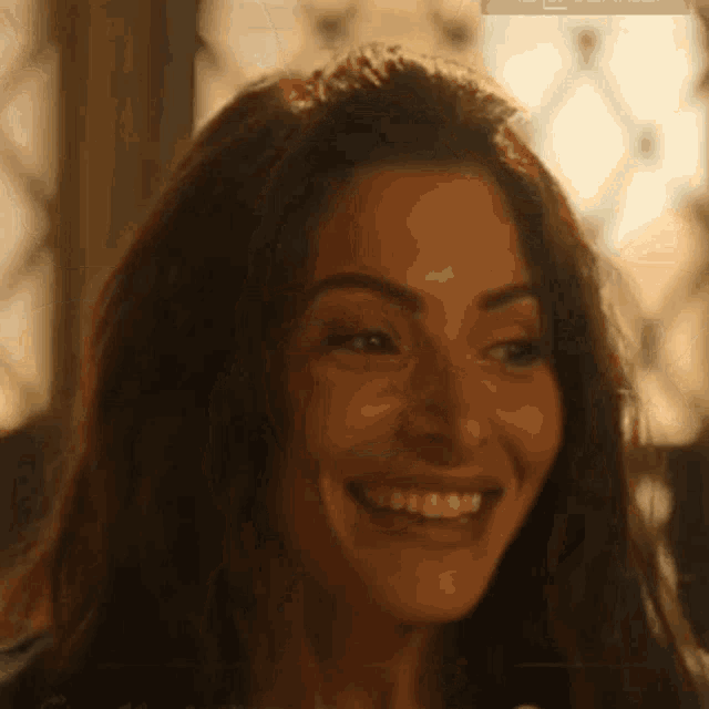 a woman with long hair is smiling and looking at the camera