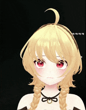 a girl with blonde hair and red eyes looks at the camera
