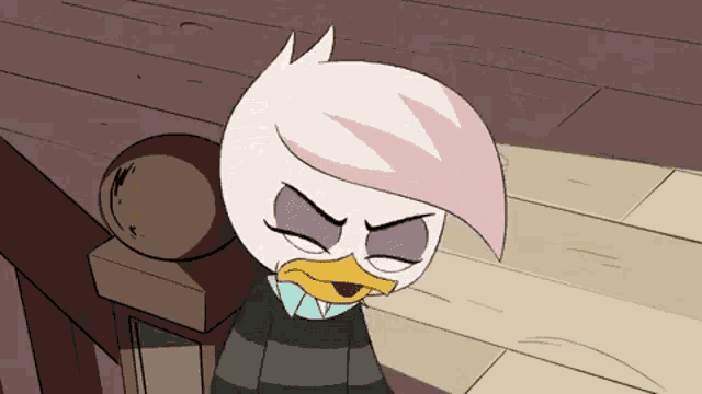 a cartoon duck with pink hair is wearing a striped sweater and making a funny face .