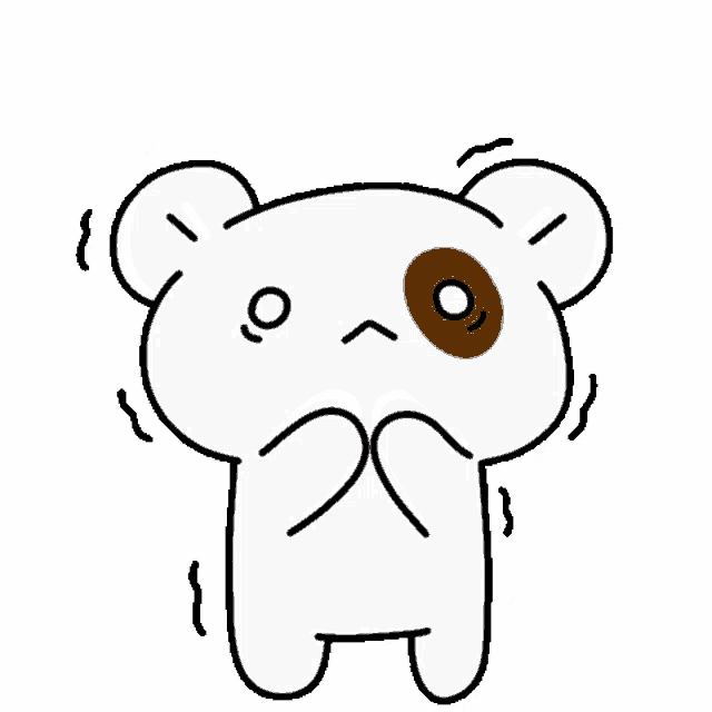 a white teddy bear with a brown spot on its face is standing on its hind legs .