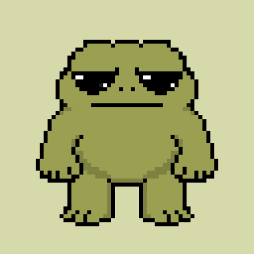 a pixel art of a frog with a question mark around it