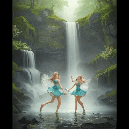two fairies are standing in front of a waterfall in a forest .