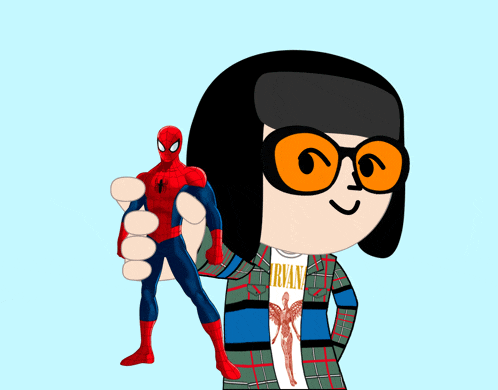 a cartoon character wearing a nirvana shirt holds a toy spider-man