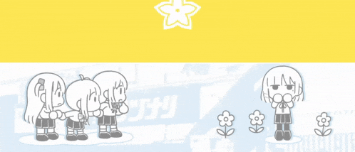 a cartoon drawing of a girl standing next to two other girls and flowers