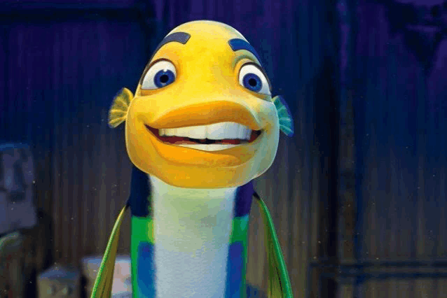 a cartoon fish with blue eyes and a yellow mouth smiles