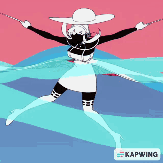 a drawing of a woman with a hat and headphones is on a pink and blue background with the word kapwing on the bottom