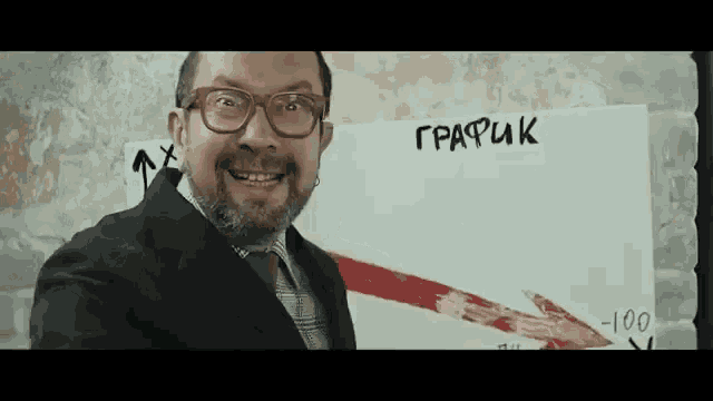 a man with glasses and a beard is standing in front of a white board with a red arrow pointing to 100