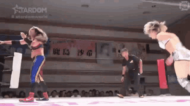 two women are wrestling in a ring with a referee in the background .