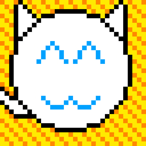 a pixel art drawing of a white cat with blue eyes on a yellow background