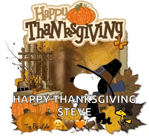 snoopy is wearing a pilgrim hat and says happy thanksgiving to steve