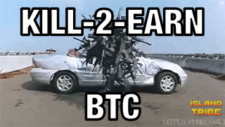 a man standing in front of a car with the words kill 2 earn btc above him