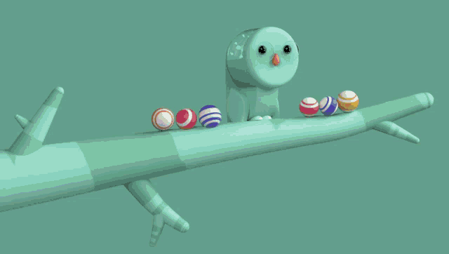 a cartoon bird is sitting on a green branch with balls around it