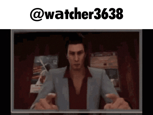 a man in a suit and red shirt is sitting in front of a monitor with the words " @ watcher3636 " on the bottom