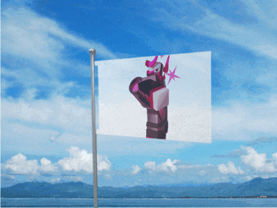 a flag with a picture of a robot on it flies in the wind