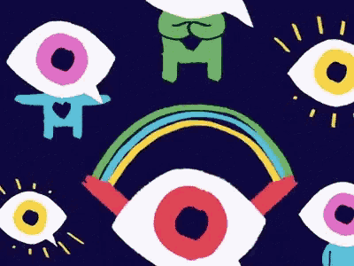 a drawing of a rainbow and a speech bubble with the letter m in the middle