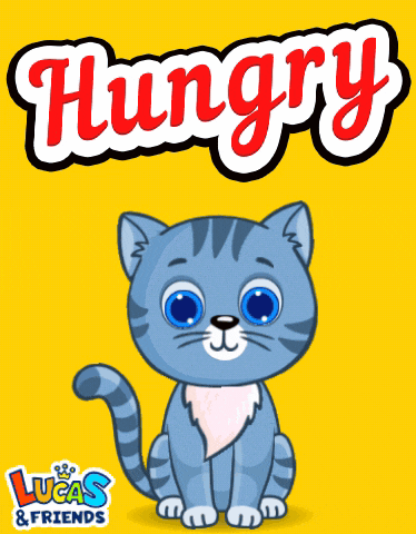 a hungry lucas and friends advertisement with a blue cat