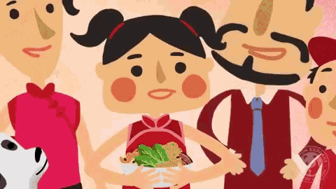 a girl is holding a bowl of food in front of a family