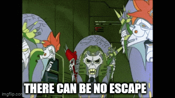 a group of cartoon characters standing next to each other with the words there can be no escape