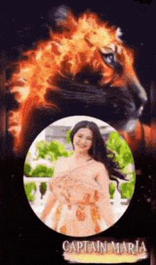 a woman in a dress is standing in front of a tiger with fire on its head .