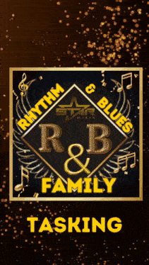 a black and gold logo for rhythm and blues r & b family