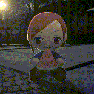 a stuffed toy of a girl eating a slice of watermelon