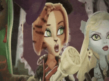 two monster high dolls are standing next to each other with one holding a candy cane
