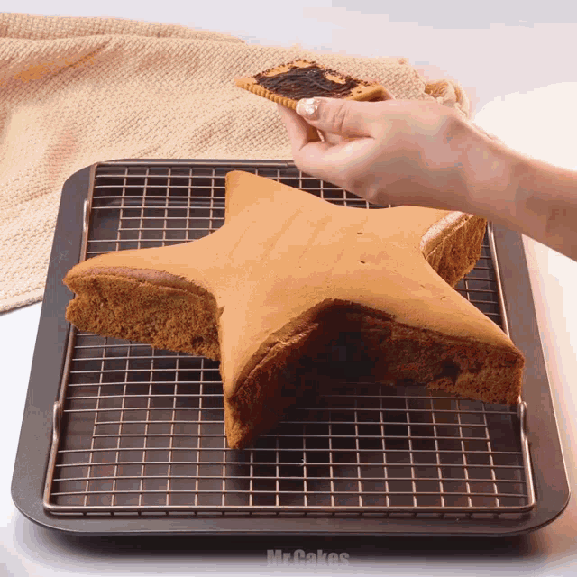 a person holding a piece of cake on a cooling rack that says mr cakes