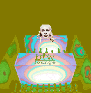 a woman 's head is on top of a box that says bw lounge