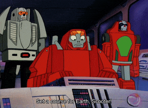a cartoon of a robot saying " set a course for earth scooter "