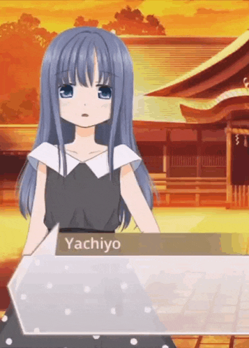 a girl with purple hair is standing in front of a building with the name yachiyo on the screen