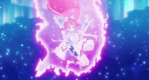 a girl with pink hair is surrounded by a purple glow