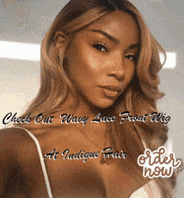 a woman is wearing a lace front wig and a white bra