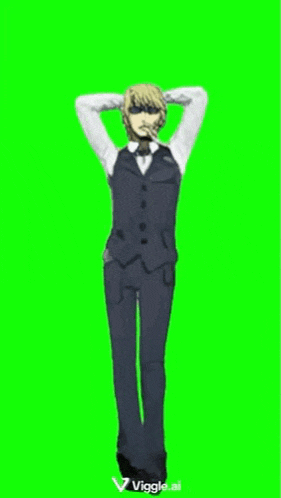 a man in a suit with his hands behind his head is on a green screen