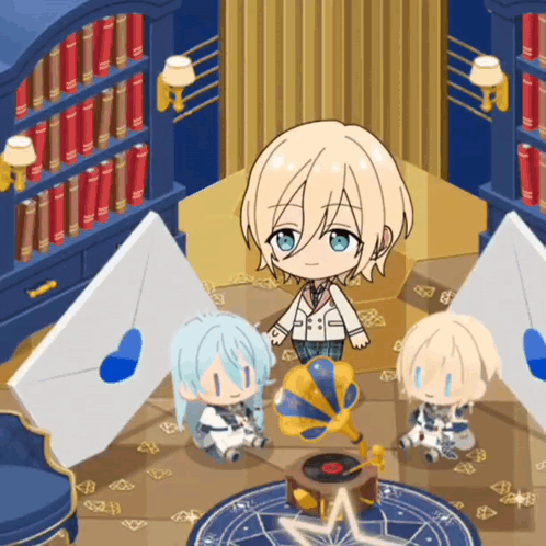 a group of anime characters sitting around a record player