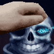 a pixel art of a skull with blue eyes and a hand covering it .