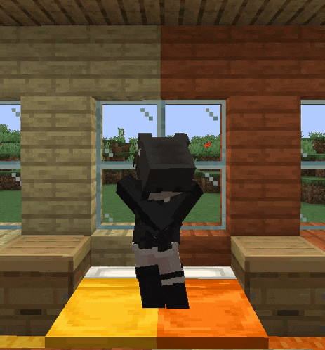 a girl in a black outfit is standing on a bed in a minecraft world