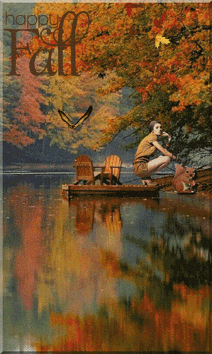 a happy fall greeting card with a boy fishing