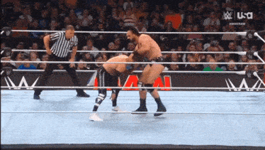 two men are wrestling in a wrestling ring with a referee and a usa logo in the background