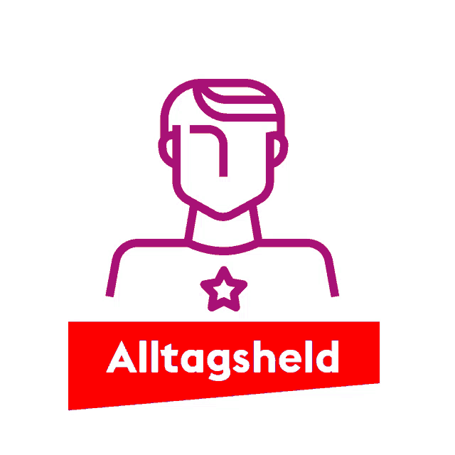 a purple icon of a man with a star on his chest and the word alltagsheld underneath