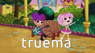 a cartoon of a girl playing a guitar and another girl dancing with the word truema on the bottom right