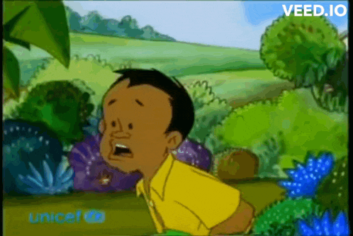 a boy in a yellow shirt is standing in a field with the word unicef on the bottom