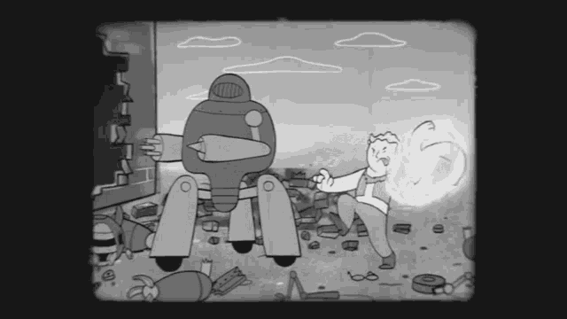 a black and white cartoon shows a man standing next to a robot