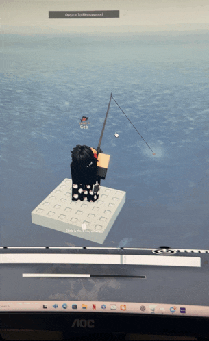 a computer screen shows a person fishing in the ocean and says return to moosewood