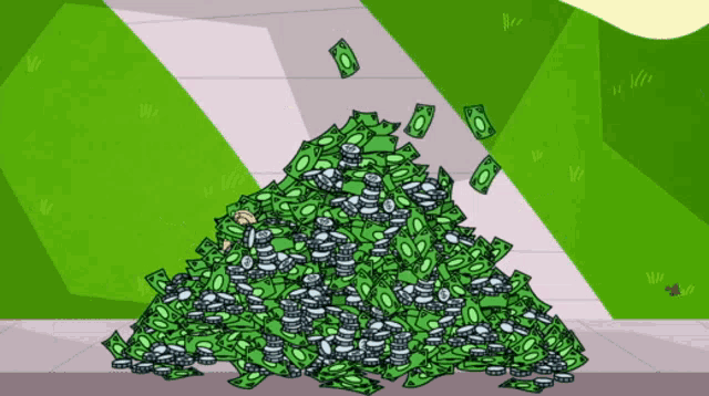 a cartoon drawing of a pile of green money
