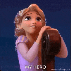 a cartoon girl from tangled is holding a guitar and says `` my hero '' .