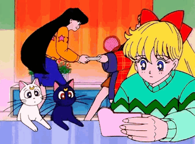 a cartoon of a girl playing a video game with two cats and a woman .