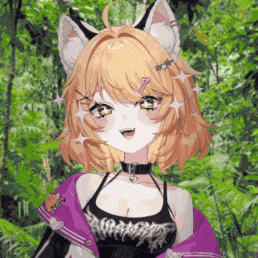 a girl with cat ears is wearing a purple jacket and a black tank top